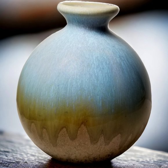 Art Studio Pottery Blue Bud Vase Gold & Brown Ombre Drip Mixed Glaze Vase - Picture 1 of 8